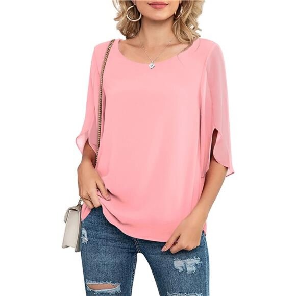 Womens Casual Scoop Neck Loose Top 3/4 Sleeve Chiffon Blouse Shirt Tops - Picture 2 of 5